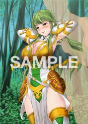 1boy 1girls alternate_costume bare_thighs blush boots breasts censored cleavage elbow_gloves female female_focus fire_emblem fire_emblem_echoes:_shadows_of_valentia fire_emblem_heroes forest gloves green_eyes green_hair large_breasts long_hair male nao_takami naughty_face nintendo official_alternate_costume open_mouth outdoors palla_(falcon_knight)_(fire_emblem) palla_(fire_emblem) pelvic_curtain penis sample smile solo_focus thigh_boots thighs