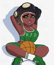 armpits athletic_female basketball basketball_uniform berlubbits cosplay crop_top dark-skinned_female marina_(splatoon) octoling posing rebecca_chambers_(cosplay) resident_evil solo_female solo_focus splatoon splatoon_2