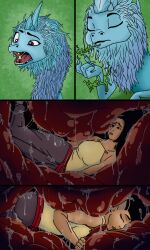 2021 absurd_res anthro black_hair blue_body blue_fur bodily_fluids brown_body brown_skin closed_eyes comic covered_in_saliva dark_body dark_skin dialogue digital_drawing_(artwork) digital_media_(artwork) disney dragon duo eastern_dragon ekto_(artist) english_text eyebrows female forced fur furred_dragon green_background green_text hair hi_res huge_filesize human human_prey internal long_hair mammal mouth_closed namaari namaari_(ratld) onomatopoeia open_mouth pink_tongue purple_eyes raised_eyebrow raya_and_the_last_dragon saliva sharp_teeth simple_background sisu_(ratld) soft_vore sound_effects swallowing teeth text throat tongue undercut unwilling_prey vore