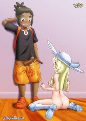 1boy 1girls ass bbmbbf blush breasts dark-skinned_male erection female hau_(pokemon) light-skinned_female lillie_(pokemon) male male/female nintendo nipples nude palcomix penis pokemon pokemon_sm pokepornlive teeth