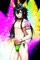 abs ai_generated bulge emo_boy long_hair male neko_boy spiked_armlet spiked_collar tattos