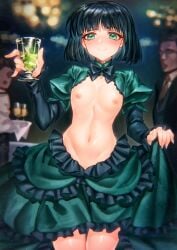 1girls 2boys absinthe absinthe_glass alcohol almost_visible_genetalia areolae background_characters bangs black_hair blurred_background blurry_background blush bob_cut bow bowtie commission cutout evening_dress exhibitionism exposed_breasts exposed_torso eyebrows_visible_through_hair eyelashes female_focus frilled_dress frilled_skirt frills green_dress green_eyes holding holding_glass inviting inviting_to_sex lolita_fashion looking_at_viewer midriff navel nipples no_bra no_panties no_sex oh_you_udon original party petite petite_body petite_female revealing_clothes revealing_dress revealing_outfit shoulder_length_hair skeb_commission skirt skirt_lift small_breasts smile smooth_skin solo_focus suit visible_ribs waist