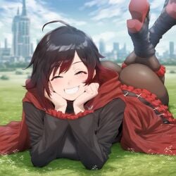 ai_generated big_ass clothing laying_on_stomach m4k03_ ruby_rose rwby smile