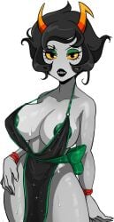 1girls artist_request big_breasts black_dress black_eyes black_hair black_lipstick curly_hair dark_nipples dress erect_nipples eyeliner female_focus female_only green_bow green_eyeshadow green_nipples grey_skin homestuck horn horns huge_thighs kanaya_maryam large_breasts ms_paint_adventures nipple_bulge nipple_slip no_bra orange_sclera red_bracelet revealing_clothes scantily_clad shaded shiny_skin short_hair short_hair_female short_hair_with_long_locks sleeveless_dress sparkles sparkling_dress sprite_edit strong_woman sweat thick_thighs thin_eyebrows thin_waist transparent_background troll visible_nipples voluptuous voluptuous_female