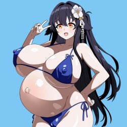 :d azuma_(azur_lane) azur_lane bikini blue_background blue_bikini blush fungus-man gigantic_breasts hand_on_hip huge_belly outie_navel peace_sign pregnant simple_background smile v