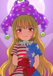1boy american_flag_dress animated animated bad_id bad_nijie_id blonde_hair blush breasts censored clownpiece commentary_request fairy_wings female full_moon gloves handjob hat head_tilt jester_cap long_hair looking_at_viewer medium_breasts moon mosaic_censoring neck_ruff open_mouth polka_dot polka_dot_headwear pov purple_background purple_headwear red_eyes red_gloves regi short_sleeves simple_background smile solo_focus star_(symbol) star_print straight talking teeth touhou upper_body very_long_hair wings