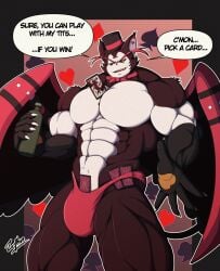 1boy anthro bulge card drink g-string hazbin_hotel huge_muscles husk_(hazbin_hotel) large_penis male male_only muscular muscular_male solo_male speedo wings