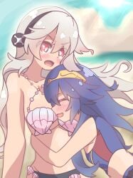 2girls aikasa alternate_costume angry bare_midriff beach bikini blue_bikini blue_hair blue_swimsuit breast_smother breasts closed_eyes corrin_(fire_emblem) corrin_(fire_emblem)_(female) female female_only fire_emblem fire_emblem_awakening fire_emblem_cipher fire_emblem_fates frown grey_hair hairband hug long_hair lucina_(fire_emblem) medium_breasts midriff multiple_girls nintendo ocean official_alternate_costume open_mouth outdoors red_eyes shell_bikini smile swimsuit tiara underboob very_long_hair yuri