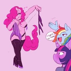 absurd_res anthro anthrofied bra clothing currentlytr_ash equid equine female footwear friendship_is_magic hasbro hi_res high_heels horn legwear mammal my_little_pony pasties pinkie_pie_(mlp) rainbow_dash_(mlp) seductive shoes thigh_highs twilight_sparkle_(mlp) underwear undressing unicorn