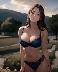 1girls ai_generated ai_mirror belly_button blue_eyes blue_underwear blush brown_hair bushes garden grass hills houses light_skin long_hair looking_at_viewer medium_breasts outside standing stone_path trees underwear