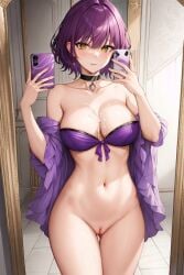 ai_generated cum_on_breasts earrings mirror mirror_selfie purple_hair pussy short_hair thick_thighs unstable_diffusion yellow_eyes