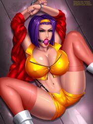 1girls ball_gag bondage breasts cleavage cowboy_bebop faye_valentine female gag green_eyes hairband huge_breasts human large_breasts legs_apart medium_hair pale-skinned_female pale_skin purple_hair restrained short_hair spread_legs svoidist thighhighs voluptuous