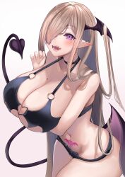 1girls alikap beauty_mark breasts brown_hair cleavage demon_girl female female_only huge_breasts long_hair maria_kurumitsuki_(alikap) mole mole_on_breast open_mouth original original_character pointy_ears pubic_tattoo purple_eyes smile succubus succubus_tail succubus_tattoo succubus_wings tattoo very_long_hair