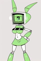 ai_generated alternate_design breasts cyclops cyclops_girl green_boots green_eyes green_eyes green_hair green_skirt green_tank_top my_life_as_a_teenage_robot one_arm pale-skinned_female pale_skin pixai robot_girl robot_humanoid simple_background skirt slim_waist tank_top tanktop tv_head tv_head_robot twintails white_skin xj-6