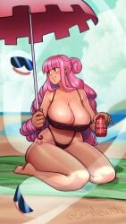 1girls bare_arms bare_legs bare_shoulders bare_thighs beach big_breasts bikini bikini_bottom bikini_top blush clothed clothing color female female_focus female_only ghost hi_res joylewds kneeling large_breasts light-skinned_female light_skin long_hair looking_at_another on_knees one_piece perona pink_hair post-timeskip sand sea shounen_jump sitting solo solo_female sunglasses tagme thick_thighs water