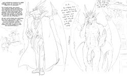 2024 anthro biped bodily_fluids book cane clothed clothing dialogue dialogue_box dragon elida_(zerofox1000) english_text erection excalibur_(zerofox) female fur furred_dragon genital_fluids genitals group hair half-erect hi_res holding_object horn humanoid_genitalia humanoid_penis imminent_sex male male/female male_focus monochrome nude penis precum presenting presenting_penis scalie signature speech_bubble tail text trio western_dragon wings zerofox1000