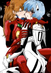 2girls ass ass_grab asuka_langley_sohryu between_legs blue_hair bodysuit breasts butt_crack butt_grab closed_eyes embrace female grabbing_ass hugging human kissing licking_face light-skinned_female light_skin long_hair neon_genesis_evangelion orange_hair pale-skinned_female pale_skin pilot_suit plugsuit red_eyes red_hair rei_ayanami short_hair sitting slim_waist spread_legs teenager thick_thighs yuutaku1618