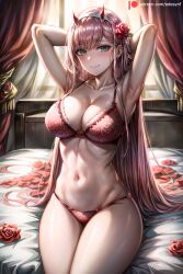 ai_generated armpits arms_behind_head arms_up bangs blush bra breasts cleavage collarbone curtains darling_in_the_franxx edosynf female flower green_eyes hair_flower hair_ornament hairband happy_valentine highres horns large_breasts long_hair looking_at_viewer navel panties pink_hair red_bra red_panties rose sitting smile solo thighs underwear underwear_only valentine valentine's_day very_long_hair zero_two_(darling_in_the_franxx)