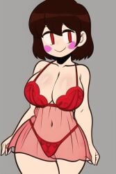 ai_generated blush bra breasts brown_hair chara chara_(undertale) curvy curvy_figure looking_at_viewer pale_skin panties pink_cheeks pixai red_bra red_eyes red_lines red_panties rosy_cheeks solo solo_female undertale undertale_(series) valentine's_day