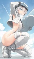 bare_thighs big_ass blue_eyes crouching genek gloves long_hair looking_at_viewer oc open_jacket original_character side_view sideboob small_breasts teenager thick_thighs thighhighs tight_clothing tight_fit white_hair wide_hips