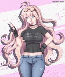 alternate_costume big_breasts blonde_hair blue_eyes danganronpa danganronpa_v3 female female_only goggles iruma_miu jeans large_breasts long_hair patdarux straight_hair text_on_clothing text_on_shirt