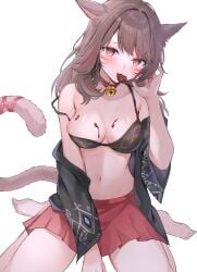 animal_ears barefoot bell bikini bikini_top_only blush breasts brown_eyes brown_hair candy cat_ears cat_tail chocolate chocolate_on_body chocolate_on_breasts commentary_request facial_mark female final_fantasy final_fantasy_xiv food food_on_body heart heart-shaped_chocolate highres long_hair looking_at_viewer medium_breasts miqo'te mouth_hold multicolored_hair navel neck_bell open_clothes open_shirt pleated_skirt red_hair sitting skirt solo strap_slip streaked_hair suzumori_(su2525) swimsuit tail valentine wariza warrior_of_light_(ff14) whisker_markings white_background