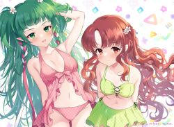 2girls alternate_costume argyle argyle_bikini ass_visible_through_thighs awayuki_ramika bikini bikini_skirt blush braid breasts collarbone female female_only fire_emblem fire_emblem:_radiant_dawn fire_emblem:_three_houses flower front-tie_top green_bikini green_hair groin hair_flower hair_ornament hair_tucking long_hair looking_at_viewer multiple_girls nintendo pink_bikini pointy_ears ribbon_braid side_braid simple_background small_breasts smile sothis_(fire_emblem) swimsuit tiara trait_connection twin_braids twitter_username very_long_hair white_background yune_(fire_emblem)