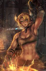 1girls abs athletic_female ayaki ayaki777 bandages beauty_mark beauty_mark_on_breasts blacksmith blacksmith_hammer blacksmithing blonde_hair bracelet bracelets bright_eyes collar commission crucible earrings female female_focus female_only fit_female gloves green_eyes hammer horns lava light-skinned_female midriff minotaur_female monster_girl muscular_female original original_character shoulder_length_hair solo solo_female solo_focus sports_bra sweat sweating tagme_(character) tan_skin tomboy weapons working