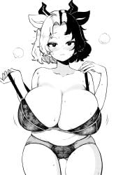 absurdres animal_ears breasts cow_ears cow_girl cow_horns female gluteal_fold highres himajin_noizu horns huge_breasts lingerie monochrome simple_background touhou underwear undressing urumi_ushizaki ushizaki_urumi white_background