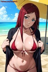 1girls ai_generated areola_slip areolae beach big_breasts bikini bikini_bottom bikini_top blue_eyes blush breasts cleavage facing_viewer female female_focus flashing flashing_breasts front_view huge_breasts jacket large_breasts light-skinned_female light_skin long_hair maroon_hair mature mature_female midriff milf nai_diffusion naruto naruto_(series) naruto_shippuden outdoors patreon_username presenting presenting_breasts red_hair revealing_swimsuit seaside shiny shiny_hair shiny_skin skimpy skimpy_bikini stable_diffusion swimsuit temptart undressing url uzumaki_kushina very_long_hair watermark web_address