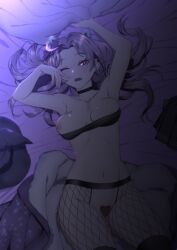 1girls animal_ears bear_ears bear_girl bed bedroom elderek00 female_focus female_only fishnet fishnet_stockings highres hispanic_virtual_youtuber latam_virtual_youtuber light-skinned_female light_skin long_hair looking_at_viewer lying lying_on_bed night one_eye_closed open_mouth purple_hair runa_hoshino small_breasts solo solo_female virtual_youtuber yume_girls!