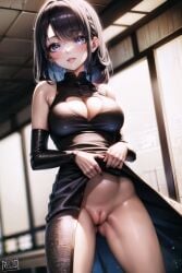 ai_generated bottomless china_dress clothing_cutout dress_lift female genshin_impact heart_cutout innie_pussy large_breasts mizaraiart pussy raiden_shogun solo stable_diffusion tagme thick_thighs