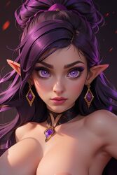 ai_generated cumontits elf_ears elf_female large_breasts looking_at_viewer paladins purple_eyes purple_hair short_hair skye_(paladins) smile stable_diffusion