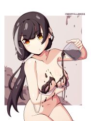 big_breasts black_hair bra_down chocolate chocolate_on_breasts crestfallen163 girls'_frontline heterochromia low_twintails ro635_(girls'_frontline)