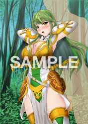 1boy 1girls alternate_costume bare_thighs blush boots breasts censored cleavage elbow_gloves female female_focus fire_emblem fire_emblem_echoes:_shadows_of_valentia fire_emblem_heroes forest gloves green_eyes green_hair large_breasts long_hair looking_back male nao_takami nintendo official_alternate_costume open_mouth outdoors palla_(falcon_knight)_(fire_emblem) palla_(fire_emblem) pelvic_curtain penis sample solo_focus thigh_boots thighs