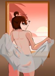 back_view breasts brown_hair female hilder naked_female sea towel