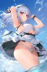 apron arms_up azur_lane bangs bare_shoulders black_skirt blue_sky blunt_bangs breasts center_frills clothes_lift clothing_cutout cloud cowboy_shot day dido_(azur_lane) dutch_angle female frilled_apron frilled_hairband frilled_skirt frills groin hairband highres kita_(kitairoha) large_breasts long_hair looking_at_viewer maid maid_apron outdoors panties purple_eyes raised_eyebrows shirt sideboob sidelocks skirt skirt_lift sky sleeveless sleeveless_shirt solo sparkle string_panties taut_clothes taut_shirt thighs underboob underboob_cutout underbust underwear wading water water_drop white_apron white_hair white_panties white_shirt wind wind_lift