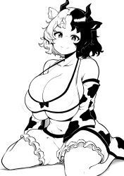 absurdres animal_ears bare_legs bare_shoulders breasts cleavage closed_mouth commentary_request covered_erect_nipples cow_ears cow_horns detached_sleeves female full_body greyscale highres himajin_noizu horns huge_breasts looking_at_viewer monochrome multicolored_hair sitting smile solo touhou two-tone_hair underboob urumi_ushizaki ushizaki_urumi wariza