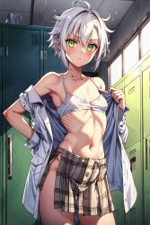 1girls ai_generated blush bra eiyuu_densetsu fie_claussell green_eyes locker locker_room lockers school_girl school_uniform schoolgirl sen_no_kiseki short_hair skirt small_breasts trails_of_cold_steel undressed undressing undressing_self white_hair