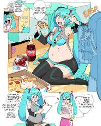 2girls belly_bulge belly_expansion bloated bloated_belly bloated_stomach bloated_tummy blue_bra blue_eyes blue_hair blush blushing dr-worm embarrassed fan_character female female_only hatsune_miku lewdlemage pizza shirt_lift stuffed_belly tagme vocaloid wholesome wings