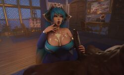 3d blue_hair chaunguyen cum cum_on_breasts dark-skinned_male dark_skin huge_breasts huge_cock interracial league_of_legends male penis sona_buvelle voluptuous