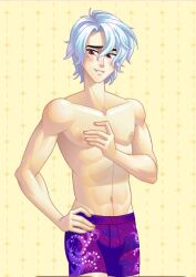 1boy abs blush blush_blush boxers cute_fang fangs game_cg gay male muscles muscular muscular_male pale_skin pecs red_eyes sad_panda_studios shy solo stirling_(blush_blush) topless topless_male underwear white_hair