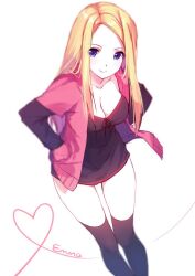 black_dress black_legwear blonde_female blonde_hair blue_eyes blush caidychen cleavage eyebrows_visible_through_hair hands_in_pockets large_breasts name_in_background open_jacket original pale-skinned_female pale_skin pink_jacket smile smiling smiling_at_viewer strawberry_blonde_hair thigh_gap thigh_highs thighhighs