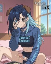 ai_generated ambiguous_gender animal_ears bed black_hair black_shorts blue_choker blue_collar blue_eyes blue_hair blue_hoodie blue_nails breasts brown_eyes censored choker closed_mouth clothes_writing collar condom condom_packet_strip condom_wrapper crop_top cropped_hoodie cum cum_on_clothes dog_ears dog_girl earrings english_text erection facial female femboy futanari hair_between_eyes hand_on_own_face heterochromia hood hoodie indoors jewelry kemonomimi kemonomimi_mode long_hair long_sleeves medium_breasts midriff mole mosaic_censoring multicolored_hair nail_polish navel on_bed original_character otoko_no_ko penis ring shorts sitting smile solo spread_legs tablet testicles two-tone_hair used_condom virtual_youtuber window ygo-dix yu-gi-oh!
