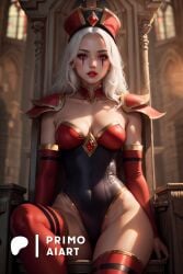 1girls ai_generated facial_markings female gloves leotard priestess primo_aiart red_eyes red_lipstick sally_whitemane shoulder_pads solo stable_diffusion thighhighs throne warcraft white_hair world_of_warcraft