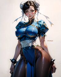 ai_generated asian asian_female big_breasts capcom chun-li cleavage dress fr34ky nipple_bulge street_fighter thick_thighs thighs