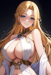 ai_generated bare_legs big_breasts blonde_female blonde_hair blue_eyes blush blush_lines cleavage dominatrix goddess inner_sideboob looking_at_viewer queen queen_miko