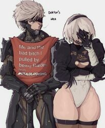 1boy 1boy1girl 1girls bare_thighs big_ass crossover embarrassed embarrassed_female female funny gloves goes_hard male metal_gear metal_gear_rising nier nier:_automata nier_(series) raiden_(metal_gear) slim_waist thick_thighs thighhighs white_hair wide_hips yoracrab yorha_2b