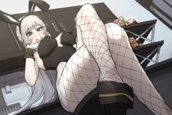 big_breasts blush blush bunny_costume bunny_ears bunny_girl bunnygirl bunnysuit crossed_legs fishnet fishnet_legwear fishnet_pantyhose fishnets gloves gogalking grey_eyes insact long_hair looking_at_viewer looking_down oc original_character sitting sitting_on_chair slim_waist smile smiling_at_viewer teenager viewed_from_below white_hair wide_hips