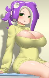 1girls big_breasts blush boob_window breasts cleavage green_eyes hi_res keyhole_turtleneck light-skinned_female light_skin long_sleeves looking_at_viewer nintendo nobunagapero octoling octoling_girl peronattu purple_hair short_hair solo splatoon splatoon_(series) sweat tentacle_hair thighs upscaled yellow_sweater